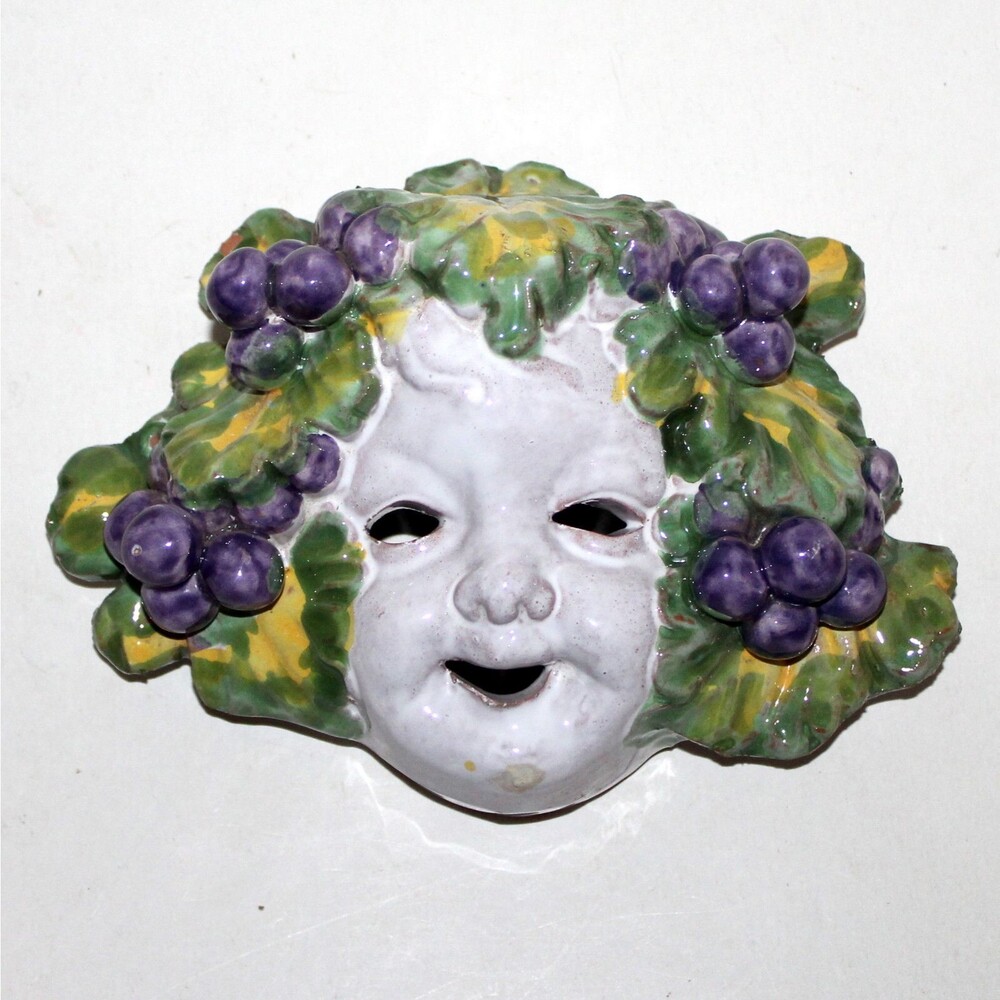 Vintage Bacchus Mask face Italy Majolica wall decor 5.5" white purple ceramic